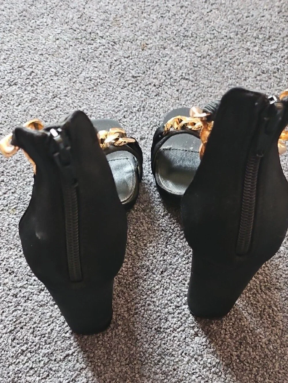 Black Heeled Sandals with Gold Chain Accent - Women